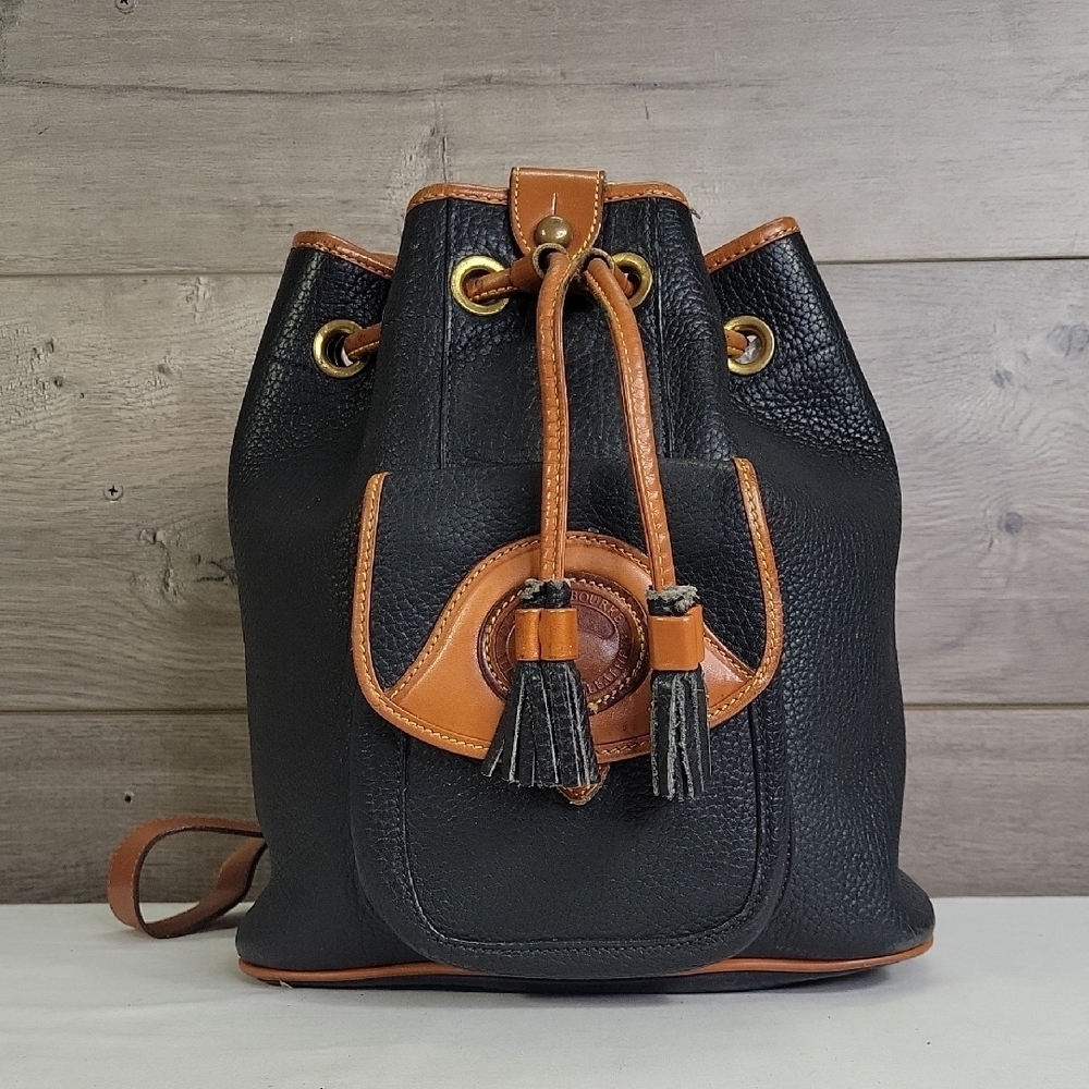 Vintage Dooney & Bourke Black and Tan Pebble  Leather Drawstring Bag